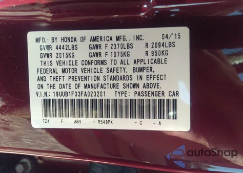2015 Acura Tlx from USA, damaged, VIN 19UUB1F33FA023201